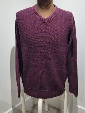 Denver Hayes Men's Cotton Waffle Knit V-Neck Sweater Large Plum Fall Layering